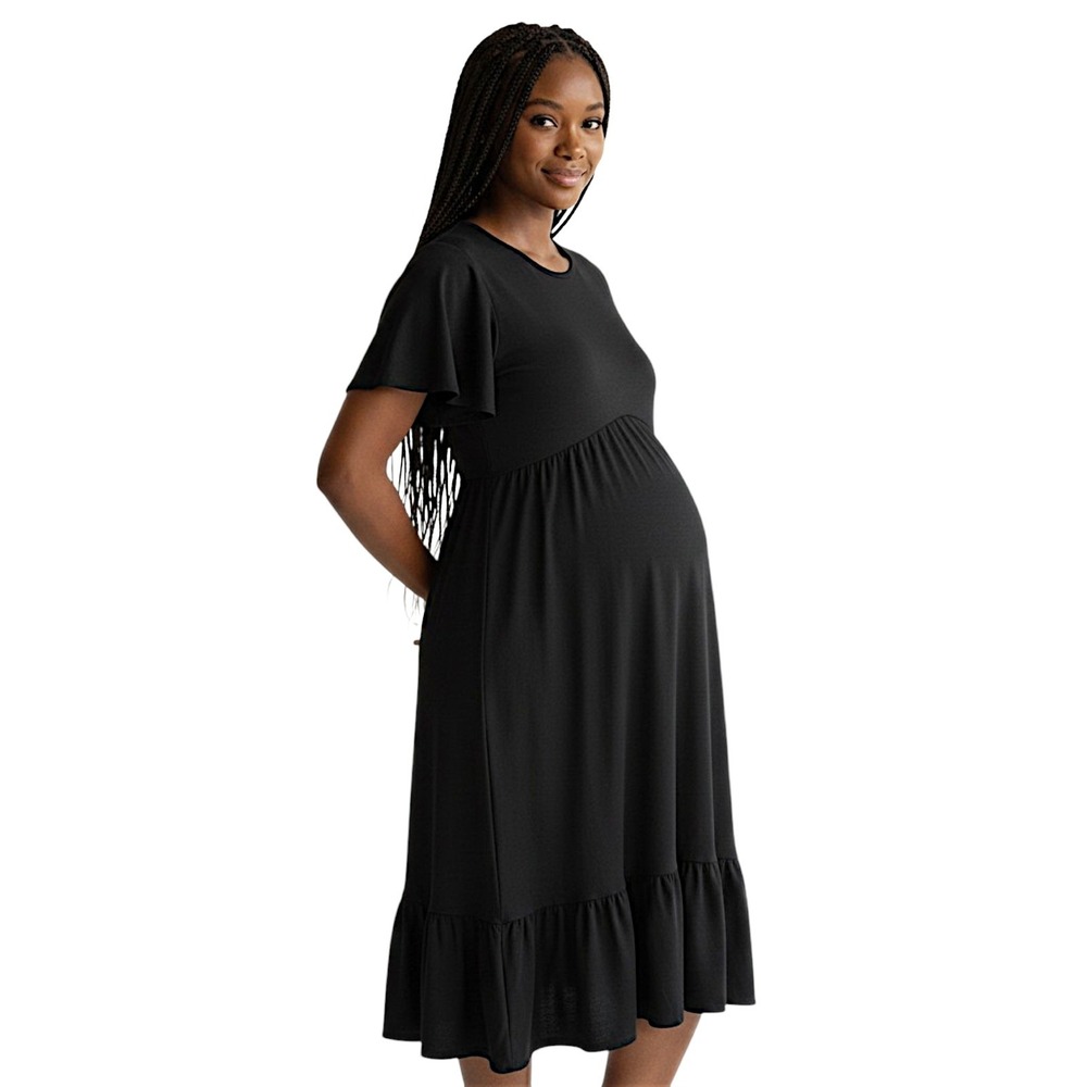 Seraphine Maternity Dress 6 Helena Jersey Black Flounce Hem Midi Flutter Sleeves